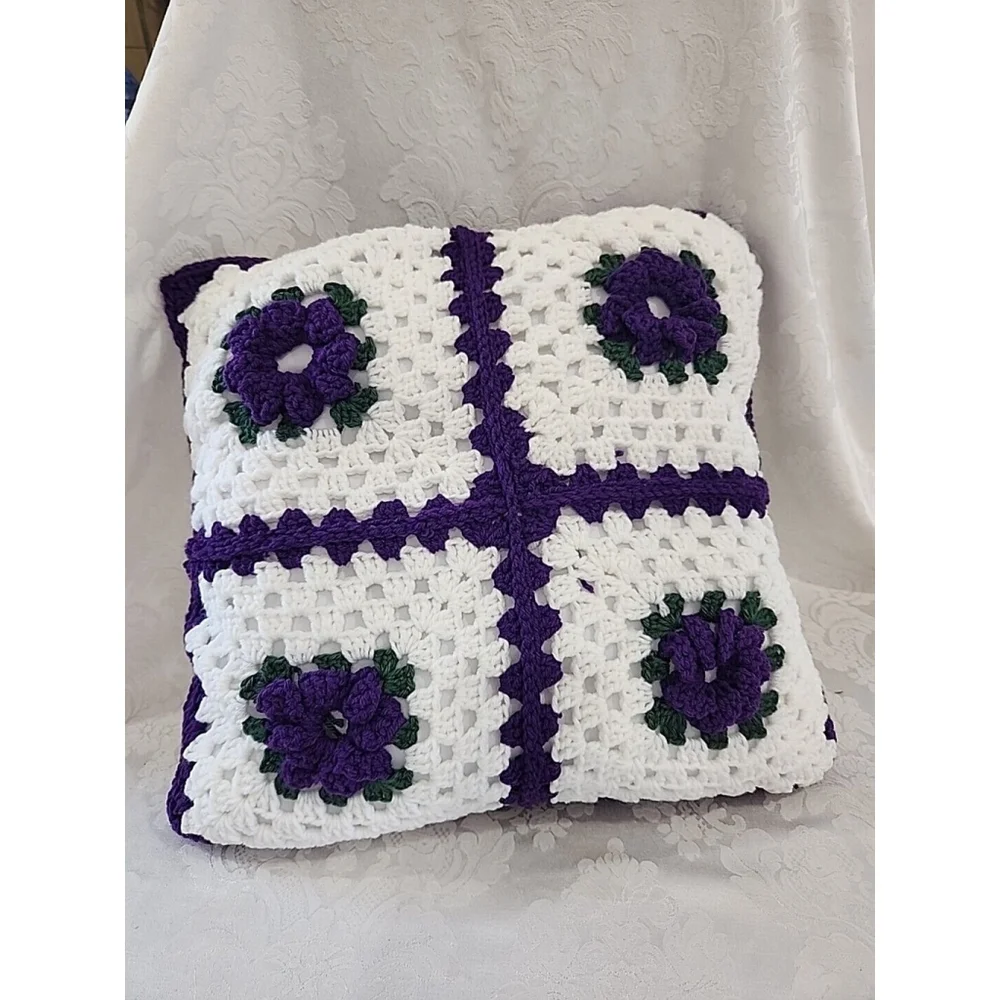 NEW, Hand Crochet Granny Square Throw Pillow Purple White 20